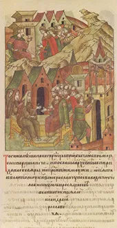 Moscow School Prints: Novgorod veche. Archbishop Spyridon at Court of Yaroslav II Vsevolodovich (From the Illuminated Comp Artist: Anonymous)