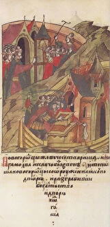 Novgorod veche. Novgorodians plunder the court of Posadnik. (From the Illuminated Compiled Chronicle Artist: Anonymous)