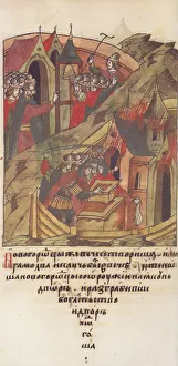 Moscow School Prints: Novgorod veche. Novgorodians plunder the court of Posadnik