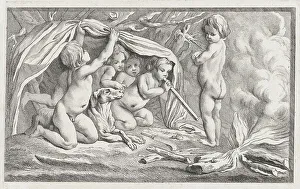 Nude children and a dog warming themselves by a fire; an allegory of Winter, after a... after 1745. Creator: Anon
