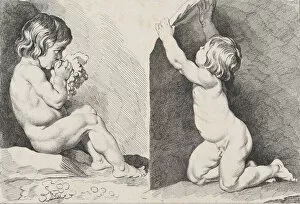 Eating Gallery: Two nude children eating grapes; from New Book of Children, 1720-60