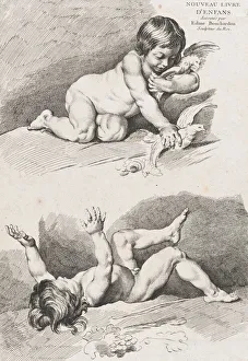Bouchardon Edme Gallery: Two nude children playing with a leaf; from New Book of Children, 1720-60