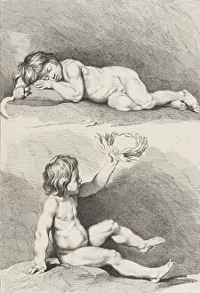 Images Dated 28th October 2020: Two nude children, one sleeping and the other holding a wreath, from New Book of Childr