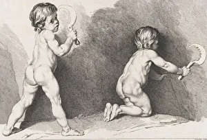 Bouchardon Edme Prints: Two nude children standing; from New Book of Children, 1720-60