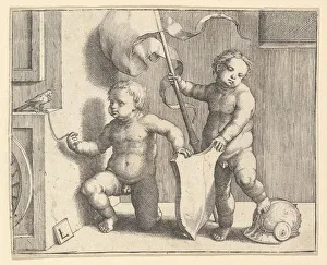 Supporting Prints: Two Nude Children Supporting a Blank Shield, ca. 1510. Creator: Lucas van Leyden