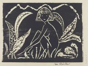 Nude Figure of a Girl in a Landscape (Madchenzwischen Blattpflanzen), 1912. Creator: Otto Mueller