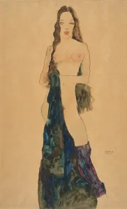 Schiele Prints: Nude Girl Standing With Blue-Black Drape, 1911. Creator: Schiele, Egon (1890-1918)