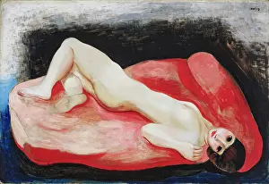 Nude lying on a red couch, 1927. Creator: Kisling, Moise (1891-1953)