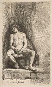 Rijn Collection: Nude Man Seated before a Curtain, 1646. Creator: Rembrandt Harmensz van Rijn