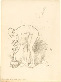 Bending Down Prints: A Nude Model Arranging Flowers, c. 1892. Creator: James Abbott McNeill Whistler