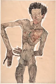 Schiele Prints: Nude Self-Portrait, Grimacing, 1910. Artist: Schiele, Egon (1890?1918)