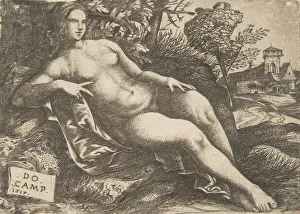 Giulio Prints: Nude woman (Venus) reclining in a landscape, 1517. Creator: Domenico Campagnola
