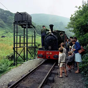 Number 4 engine at the Dolgoch falls stop on the the Talyllyn railway, Snowdonia, Wales, 1969