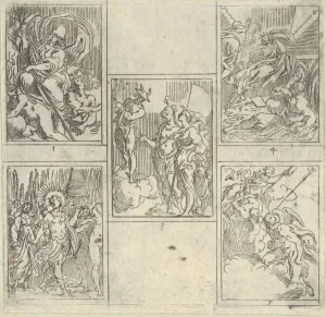Carracci Agostino Prints: Five numbered scenes, each after a painter in the Accademia Degl Incamminati