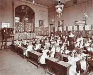 Finsbury Prints: Numeracy lesson using sticks, Hugh Myddelton School, Finsbury, London, 1906