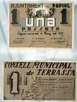 Images Dated 12th July 2018: Numismatica Billetes De Una Peseta Emitidos Por El Ayuntamiento De Papiol Y Tarrasa
