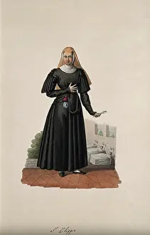 Habit Prints: A nun holding a medicine spoon with her hospital behind her. Creator: Unknown