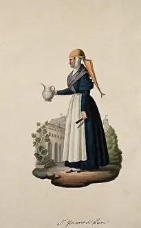 Habit Prints: A nun wearing her habit holding a jug in the grounds of her convent. Creator: Unknown