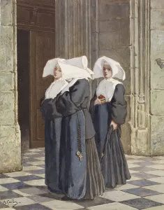 Nuns Prints: Three Nuns in the Portal of a Church, c1860. Creator: Armand Gautier