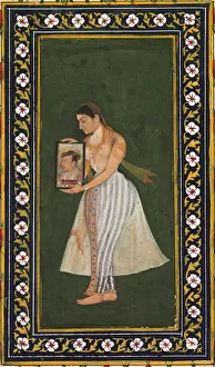 Nur Jahan, holding a portrait of Emperor Jahangir, c. 1627. Creator: Bishandas (Indian)