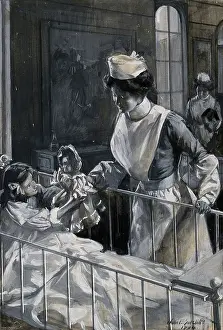Bedside Prints: A nurse checking on a playful child, 1904. Creator: John E Sutcliffe