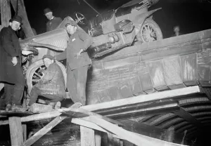 Central Park Prints: N.Y.C. auto wrecked in Central Park, between c1910 and c1915. Creator: Bain News Service