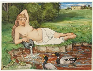 Reclining Prints: Nymph by a Brook, 1887. Creator: Hans Thoma