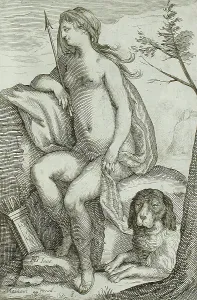 Hound Prints: Nymph and Large Dog, between 1607 and 1610. Creator: Jacob Matham