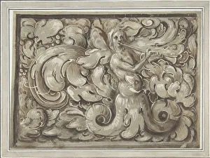 Nymph Playing a Horn (recto); Bracket with a Mans Head (verso), 16th century