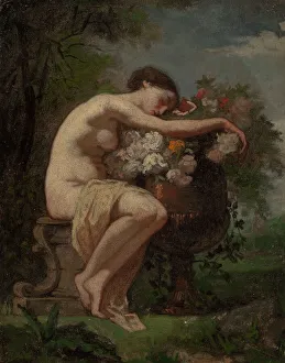 Jernberg August Prints: Nymph next to an urn full of flowers, exercise, 1846-1896. Creator: August Jernberg