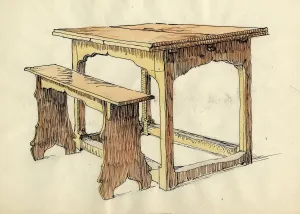 Shirley Jane Prints: Oak Draw Table and Form, early 16th century, (c1951). Creator: Shirley Markham
