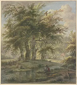 Waters Edge Prints: Oak forest with some huts, a fisherman in the foreground. Creator: Jan Hulswit