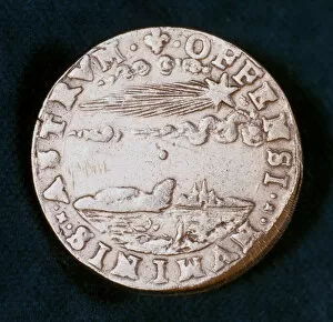 Brahe Gallery: Obverse of a medal commemorating the bright comet of 1577