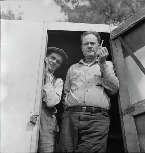 Mobile Home Prints: Occupants--one more home on wheels, California, 1936. Creator: Dorothea Lange
