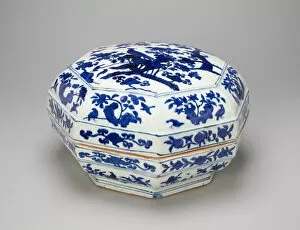 Underglaze Blue Gallery: Octagonal Box with Birds, Peony Flowers, and Peach... Ming dynasty