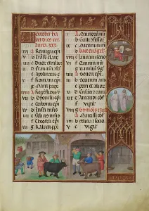 Roundel Prints: October Calendar Page: Slaughtering and Ox and Grape Harvesting: Libra