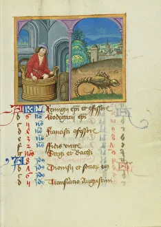 October Calendar Page; Treading Grapes; Scorpio; Book of Hours, early 16th century. Creator: Unknown