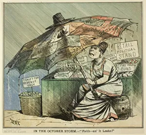 October Prints: In the October Storm, from Puck, published October 29, 1880. Creator: James Albert Wales