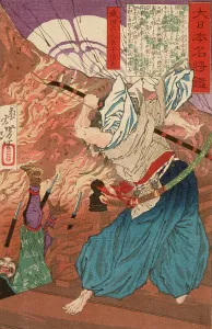 Feudal Prints: Oda Udaijin Taira no Nobunaga in Flames at the Temple Honnoji