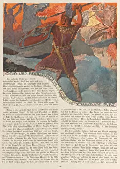 The Valkyrie Gallery: Odin and Fenrir, Freyr and Surt. From Valhalla: Gods of the Teutons, c. 1905