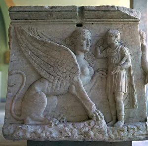 Oedipus and the Sphinx on a Greek sarcophagus
