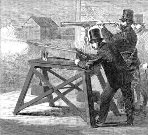 Plumstead Greenwich England Prints: Official trial of small-bore rifles on Plumstead Marshes: the rifle-rest