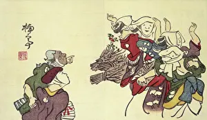 Flirtation Prints: Ohara girls dancing beside their bundles of brushwood, 1803. Creator: Nantei