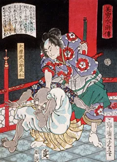 Pushing Prints: Ohara Takejiro Takematsu Subduing a Bald Demon, 1867. Creator: Tsukioka Yoshitoshi