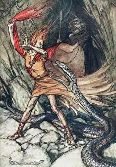 Ohe! Ohe! Terrible dragon, oh, swallow me not! Illustration for The Rhinegold and The Valkyrie by Artist: Rackham