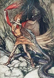 Nibelungs Prints: Ohe! Ohe! Terrible dragon, oh, swallow me not! Illustration for The Rhinegold and The Valkyrie by Artist: Rackham