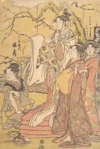 Mattress Prints: The Oiran Hinazuru of Chojiya Standing upon a Pile of Futon, ca. 1794