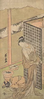 Prostitution Gallery: An Oiran in Night Attire, pausing, with one Hand on the Screen that Surrounds Her Bed