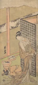 Prostration Prints: An Oiran in Night Attire, pausing, with one Hand on the Screen that Surrounds Her Bed