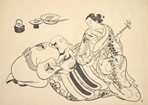 Okumura Prints: An Oiran Playing the Shamisen to a Young Man Kneeling by Her Side in Rapt Attention
